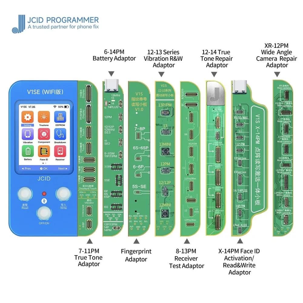 JC V1SE Programmer Dot Projector Photosensitive Original Color Touch Shock Battery Fingerprint SN Reader for 7 8 8P X 11 12 (including adaptors shown)